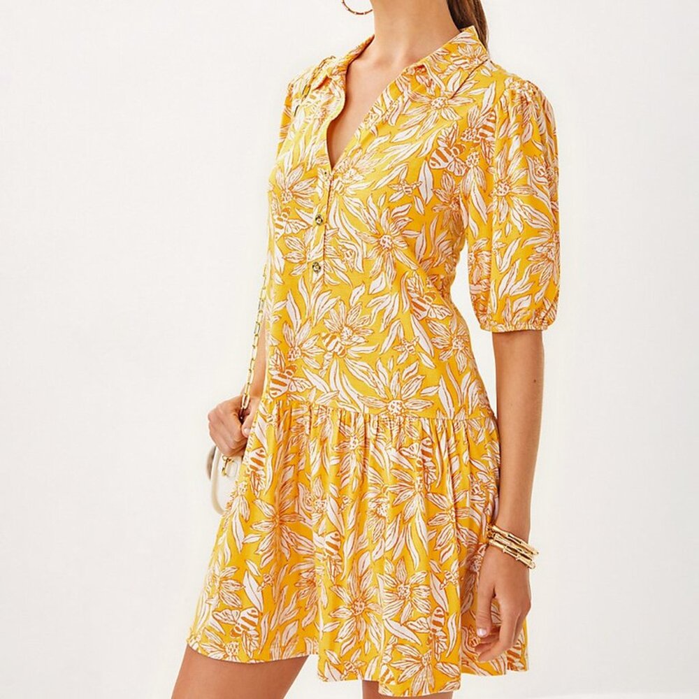 Lilly Pulitzer Bingley Dress Honeycomb Hideaway Yellow Floral Shirt Dress Small - Picture 5 of 10